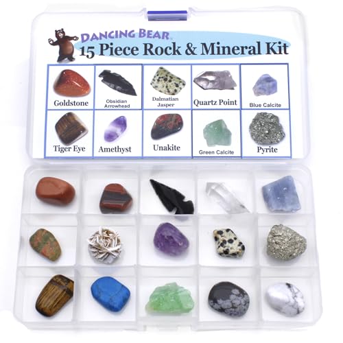 DANCING BEAR -15 Pc Rock & Mineral Collection with Collector Box/Display Case, ID Sheet, Rock Book, Magnifying Glass, Beginner Starter Set, Kids' Gemstone Crystal Kit, STEM Geology Science Education