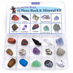 DANCING BEAR -15 Pc Rock & Mineral Collection with Collector Box/Display Case, ID Sheet, Rock Book, Magnifying Glass, Beginner Starter Set, Kids' Gemstone Crystal Kit, STEM Geology Science Education