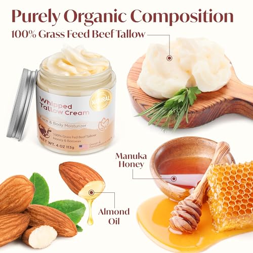 Beef Tallow moisturizer for Skin - Grass fed beef tallow honey Balm for face body dry skin (4 oz, Refreshing)