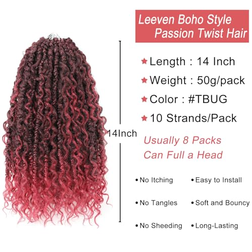 Leeven Passion Twist Crochet Hair 14 Inch Boho Style 8 Packs Ombre Burgundy Pre Twisted Goddess Twist Pre Looped Red Bomb Twists Curly Ends Synthetic Braids for Women Girl #TBUG