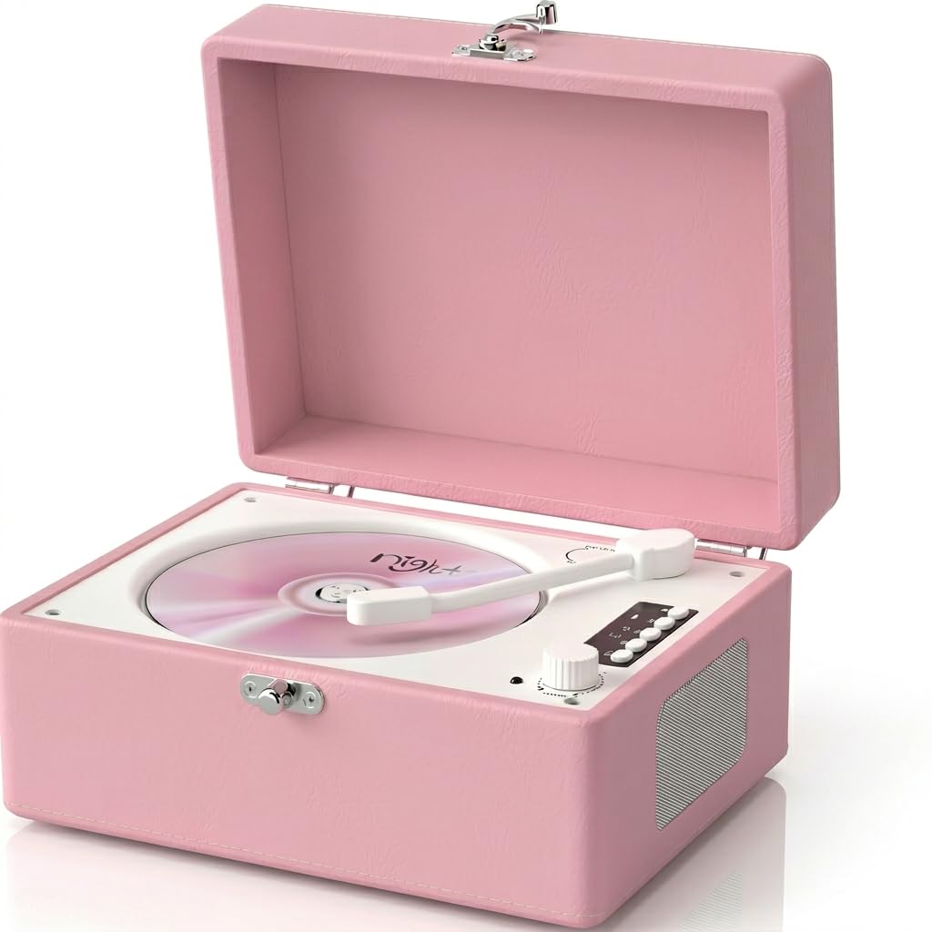 CD Player with Stereo Speakers, Wireless Bluetooth Input/Output Transmission, Rechargeable Battery, USB Retro CD Player Desktop for Home Party Decorations - Pink