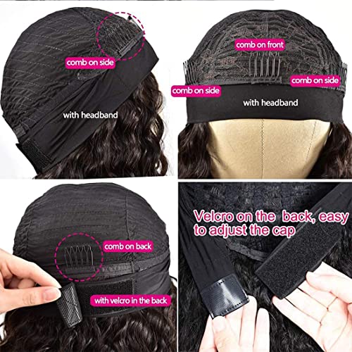 Deep Wave Headband Wig Human Hair 16 Inch Curly Headband Wigs for Black Women Human Hair Glueless None Lace Front Wigs Brazilian Virgin Hair Wig Machine Made 150% Density Natural Black Color