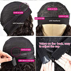 Deep Wave Headband Wig Human Hair 16 Inch Curly Headband Wigs for Black Women Human Hair Glueless None Lace Front Wigs Brazilian Virgin Hair Wig Machine Made 150% Density Natural Black Color
