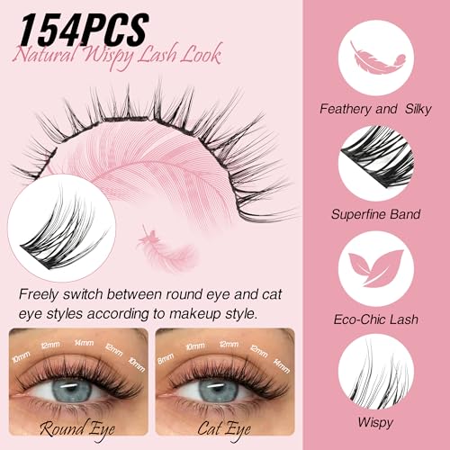 Natural Lash Clusters - 154PCS Cluster Eyelash Extensions, 8-14mm Mixed Individual Lashes, Comfortable Eyelash Clusters with Thin Band, Individual Lash Clusters Easy to Apply (Realistic)