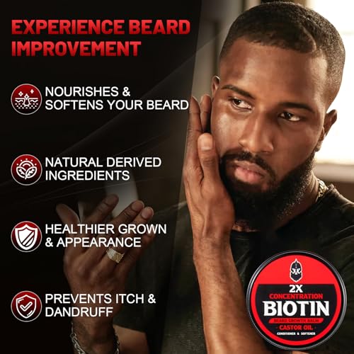 Beard Balm, 2X Concentration Biotin, with Castor Oil and Argan & Jojoba Oils, Promotes Beard Growth, Styles, Strengthens & Softens Beards & Mustaches, 2 Ounce,Unscented