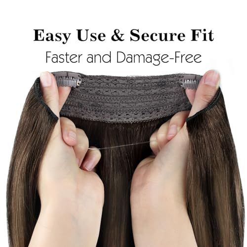 Sassina Invisible Wire Hair Extensions Real Human Hair with Transparent Wire Adjustable Size Secure Clips Natural Straight Secret Miracle Hairpiece, Balayage 2-6 20 Inch 100 Gram