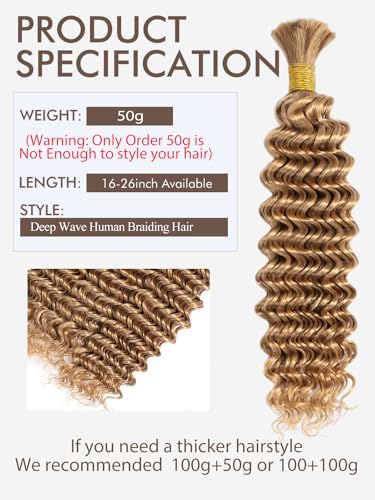Blonde Human Braiding Hair - 1 Bundle 50g 22 Inch Deep Water Wave Bulk for Brazilian Virgin Curly Boho Braids Wet and Wavy Color 27 Honey Blonde