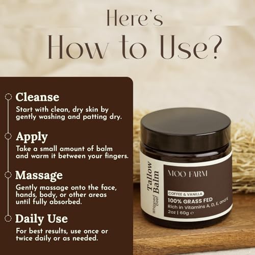 MOO FARM Beef Tallow for Skin - Natural Coffee & Vanilla Hydrating Balm - Grass-Fed Organic Beef Tallow for skin, Safe for Every Skin Concern - Rich Vitamins A, D, E, K, B1 - Made in USA (2oz)
