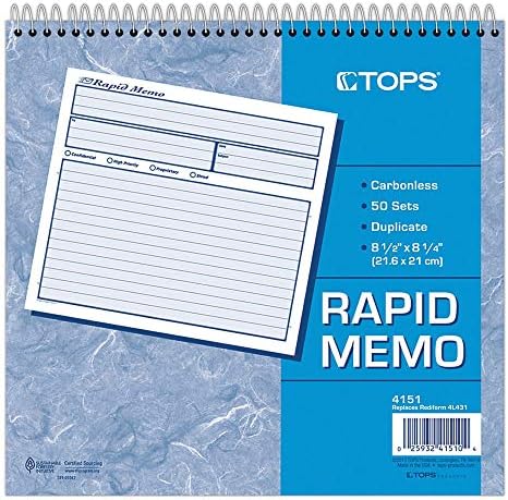 Adams Rapid Memo Book, 8.25 x 8.5 Inch, 2-Part, Carbonless, 50 Sets, 1 Memo per Page, White and Canary (SC1158), White/Canary