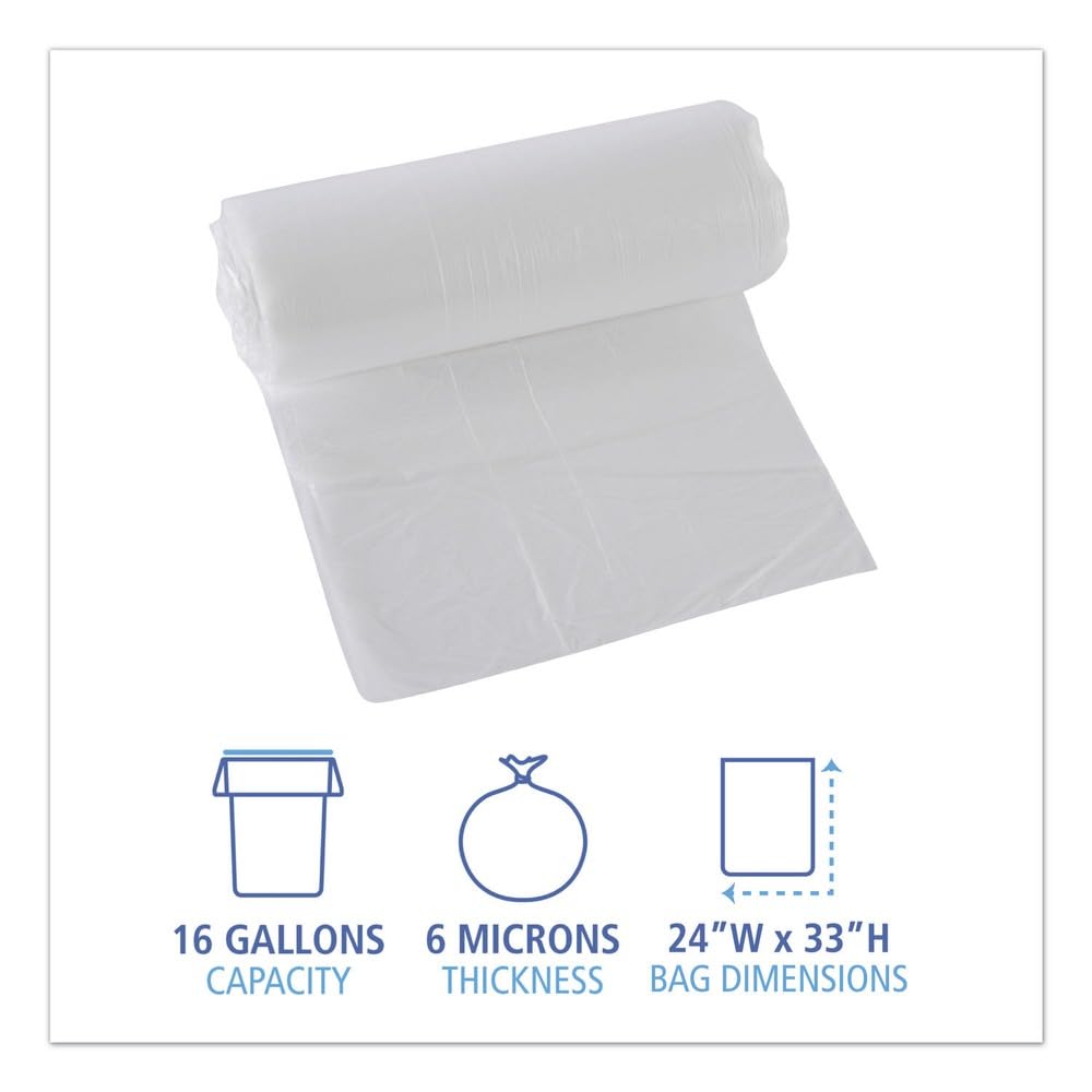 Boardwalk 16 Gallon High-Density Can Liners - 1000 Count Bulk Commercial Trash Bags, 6 Micron Star-Seal, Coreless Perforated Roll, Clear (24"x33")