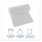 Boardwalk 16 Gallon High-Density Can Liners - 1000 Count Bulk Commercial Trash Bags, 6 Micron Star-Seal, Coreless Perforated Roll, Clear (24"x33")