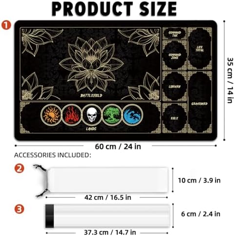 MTG Playmat with Play Zones – Magic Play mat Card Game Mat for Magic The Gathering, Lotus & Basic Lands Design, 24x14 inch, Stitched Edge, Non-Slip Base with Prismatic Playmat Tube-Colorful Lands