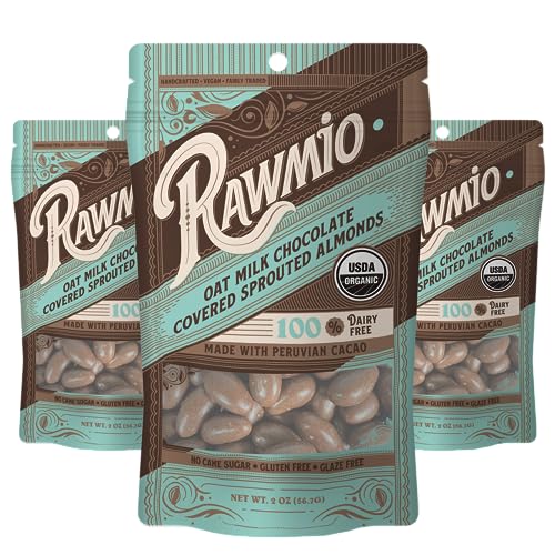 Rawmio Oat Milk Chocolate Covered Sprouted Almonds - Organic, Raw, Vegan, Gluten-Free - 3 Packs, 2 oz.