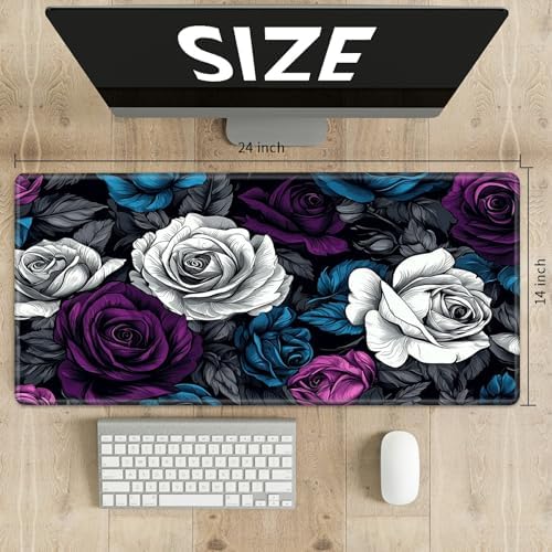 Playmats for Magic: The Gathering MTG Card Game Mat Plus 50 Pcs Card Sleeves, 24 x 14 inch TCG Mat with Stitched Edge for Commander Deck Duskmourn Board Game, Blue White Purple Roses