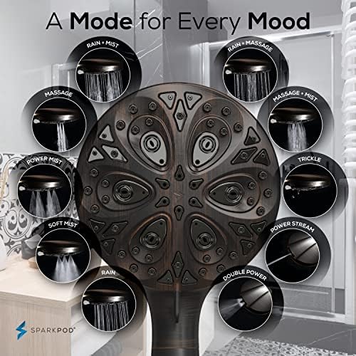 SparkPod 10-Mode Handheld Shower Head with Hose - 5" High Pressure Shower Head Set with Touch-to-Clean Nozzles, Built-In Power Jet, Stainless Steel 6ft Hose & Bracket (Oil-Rubbed Bronze)