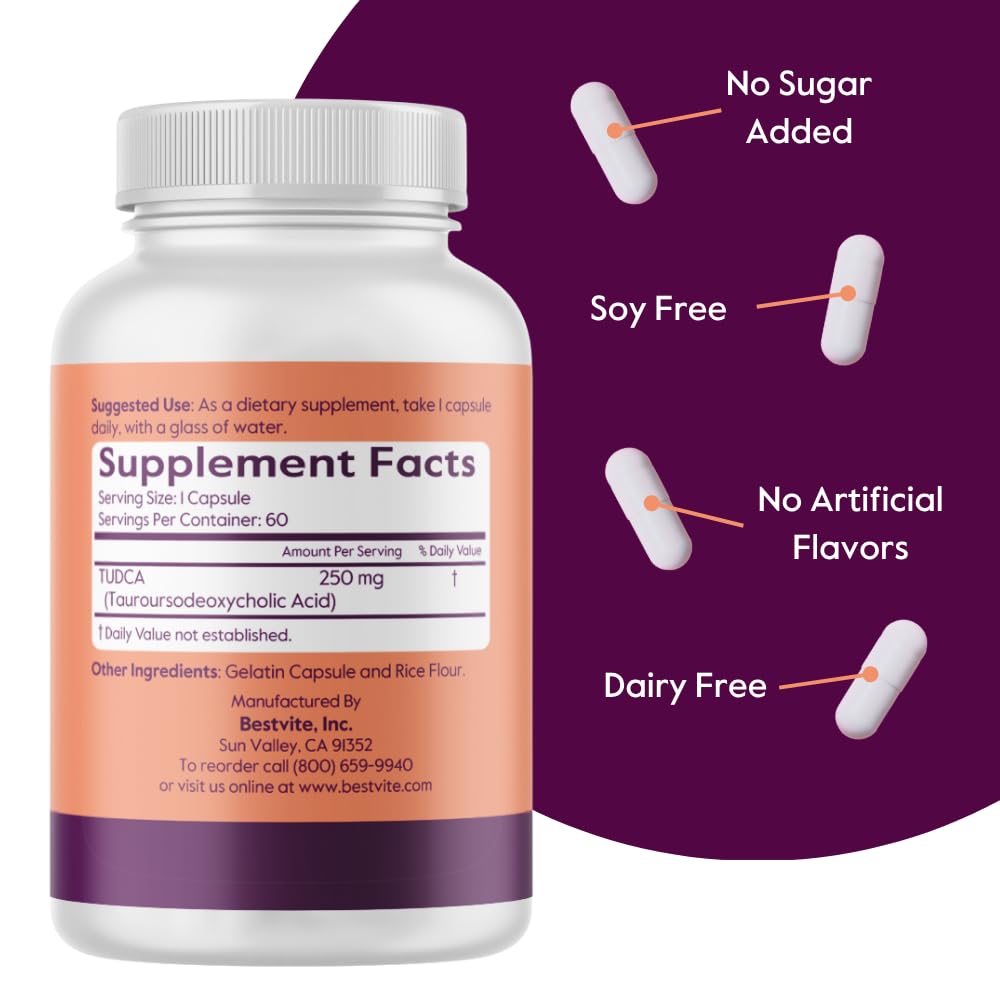 BESTVITE TUDCA 250mg (60 Capsules) (Tauroursodeoxycholic Acid) - No Stearates - Gluten Free - Non GMO