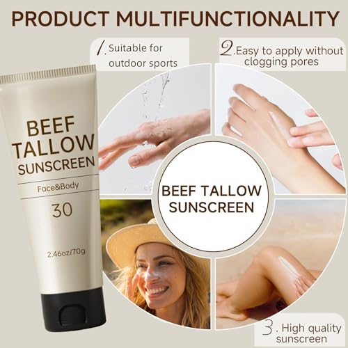 Tallow Sunscreen, Beef Tallow for Skin, Organic Beef Tallow Sunscreen, Unscented Grass-Fed Beef Tallow Natural Moisturizing Cream for All Skin Type Deep Hydration Non Greasy Anti White Cast