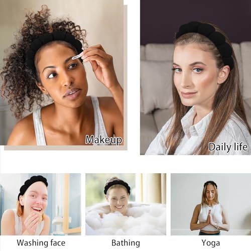 WHAVEL 3 Pack Spa Headband Skincare Headbands, Makeup Headband Sponge Terry Cloth Headbands Face Wash Headband Puffy Hair Band for Washing Face Women Girls (Black)