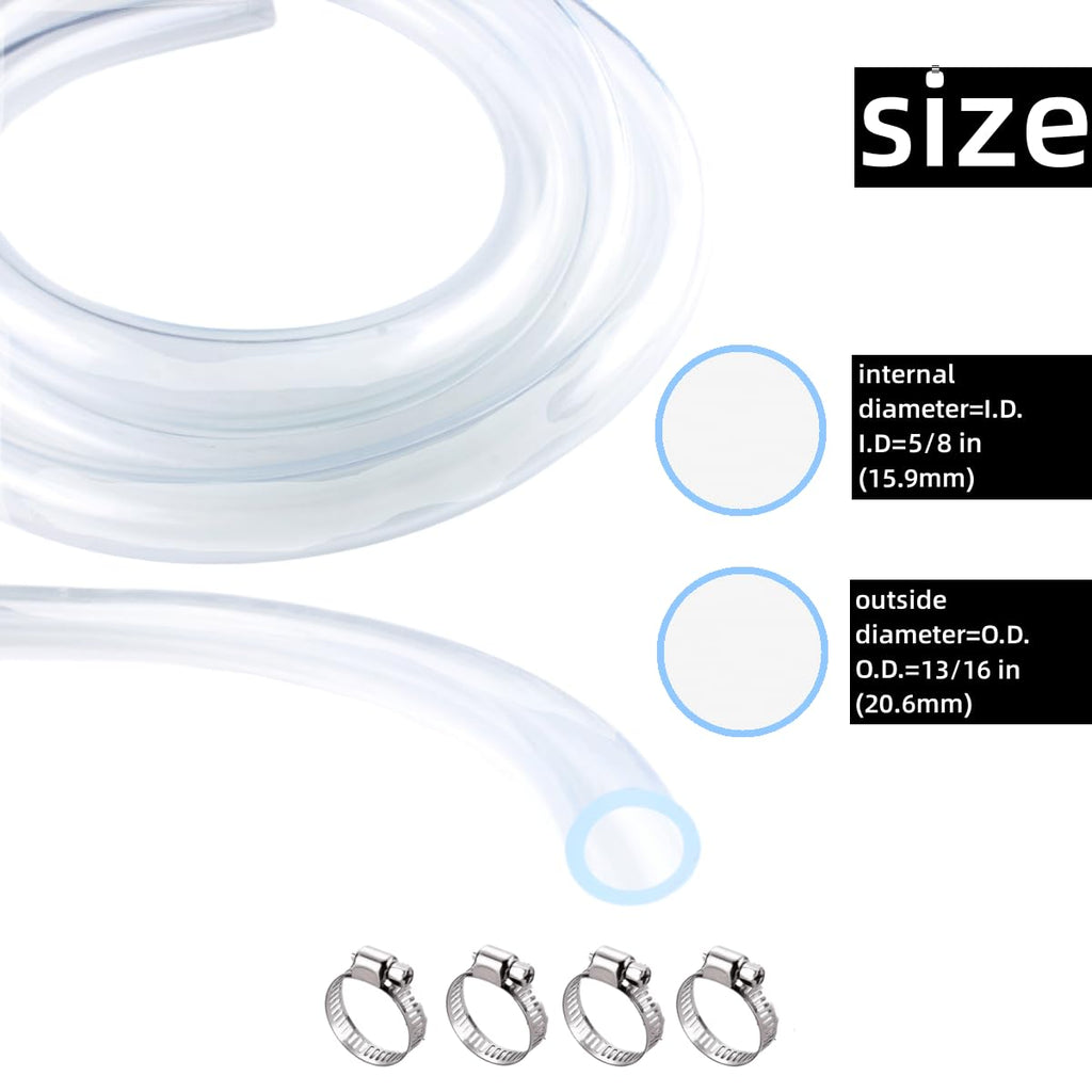 5/8" ID x 13/16" OD - 25 ft Clear Plastic Vinyl Tubing, Flexible PVC Hose Lightweight Tube with 4 Stainless Clamps for Transfer Water Air Oil.