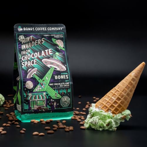 Bones Coffee Company Mint Invaders Flavored Coffee Beans, Whole Bean Coffee Medium Roast Low Acid, Mint Chocolate Chip Flavor (12 oz)