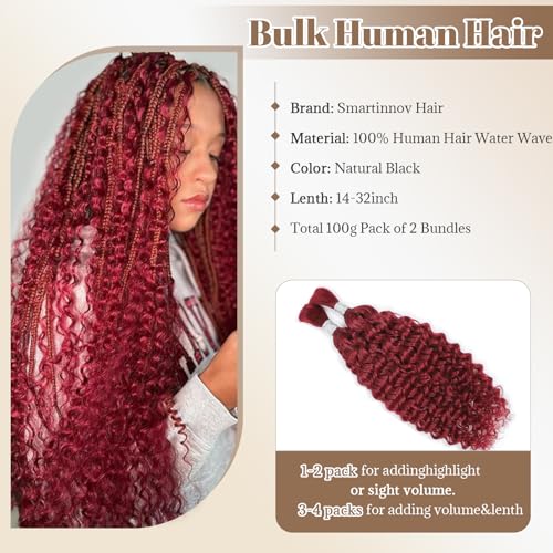 99J Human Braiding Hair 30 Inch Deep Curly Bulk Human Hair for Braiding 2 Bundles 100G No Weft Brazilian Virgin Water Wave Bohemian Braiding Hair Extensions for Boho Knotless Braids 99J Burgundy Micro
