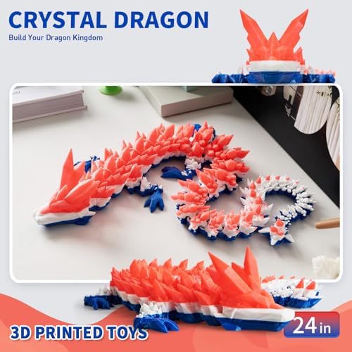 Large 3D Printed Dragon,24 Inch 3D Dragon Toys,Bigger Fidget Crystal Animals Toys, 3D Printed Articulated Animals for Home Office Car Desk Decor (Red White Blue, 24 inch)