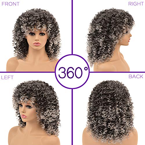 YEAME Curly Wigs for White Women - Kinky Curly Afro Wig with Bangs Ombre Gray Color Synthetic Mixed Wigs with 1 Wig Comb and 4pcs Wig Caps