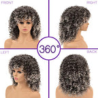 YEAME Curly Wigs for White Women - Kinky Curly Afro Wig with Bangs Ombre Gray Color Synthetic Mixed Wigs with 1 Wig Comb and 4pcs Wig Caps