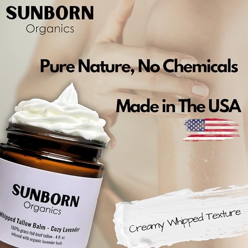 Pure Whipped Tallow Balm | Handmade in USA | 100% Organic Grass-Fed Beef Tallow for Skin | Beef Tallow Face Moisturizer Lotion for Dry Skin, Eczema, Baby, Lip Balm (4oz, Cozy Lavender)