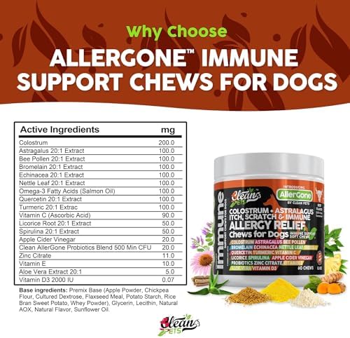 Dog Allergy Relief Chews | Itchy Skin Relief for Dogs | Colostrum Astralagus Omega 3 Bee Pollen Bromelain Echinacea Nettle Leaf Quercetin Licorice Root Spirulina ACV Immune - Pack of 1