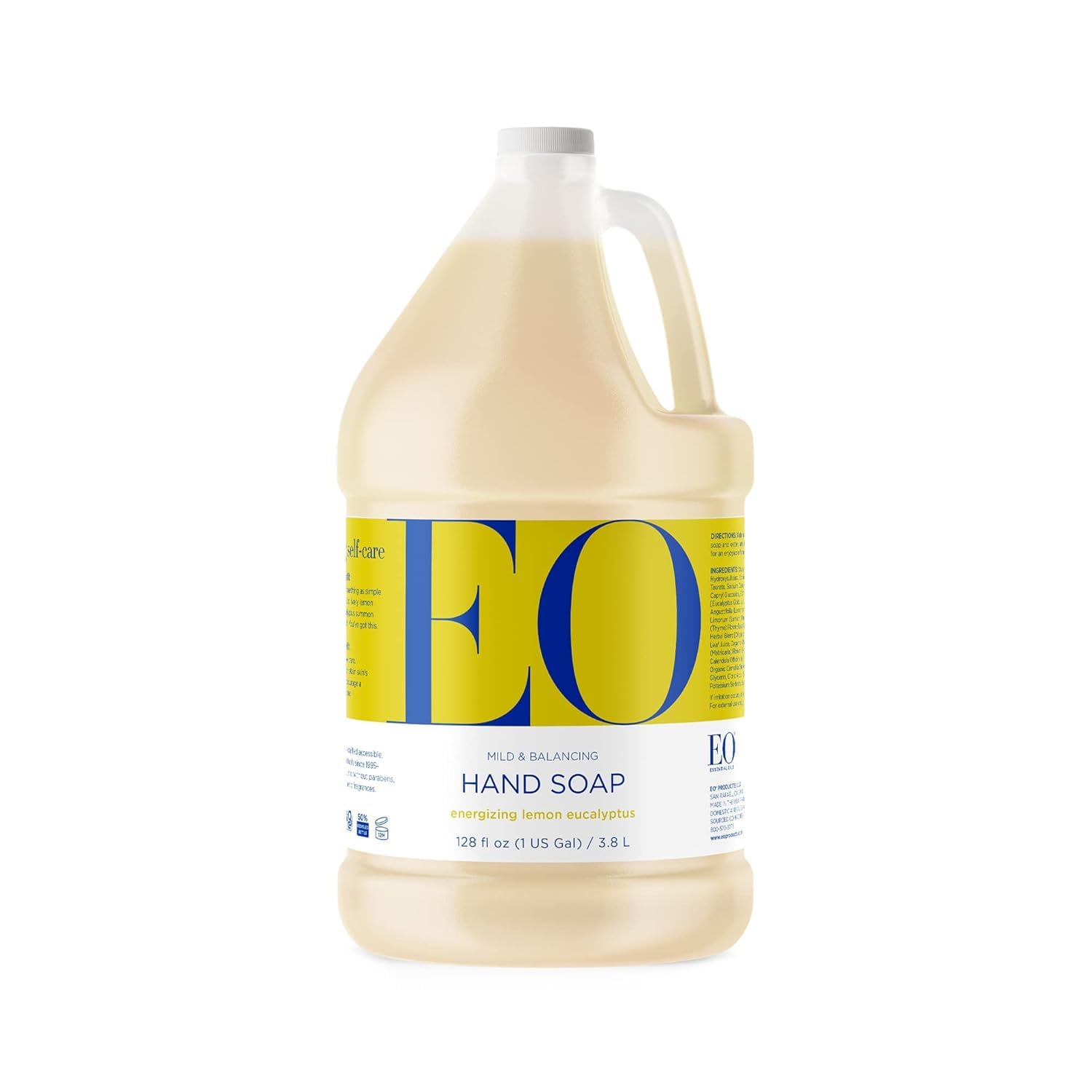 EO Liquid Hand Soap Refill, 1 Gallon, Lemon and Eucalyptus, Organic Plant-Based Gentle Cleanser with Pure Essential Oils