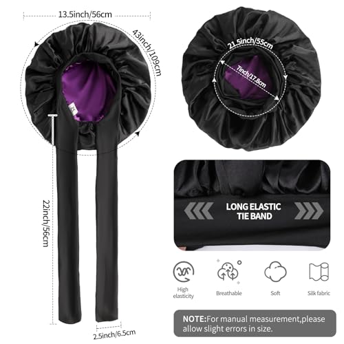 Silk Bonnet for Sleeping Women Double Layer Satin Bonnet Hair Bonnet with Elastic Tie Band Adjustable Bonnet for Curly Hair（Black and Purple）