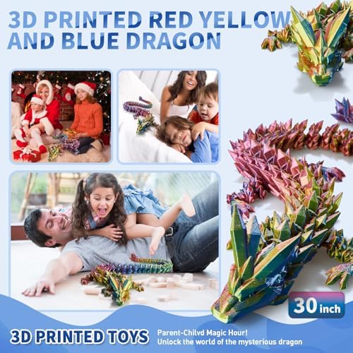 Large 3D Printed Dragon,30 Inch 3D Dragon Toys,Bigger Fidget Crystal Animals Toys, 3D Printed Articulated Animals for Home Office Car Desk Decor (Red Gold Blue, 30 inch)