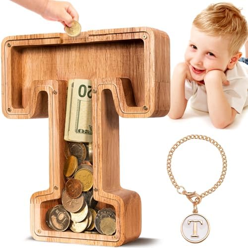 SummiDate Wooden Letter Piggy Bank Piggy Bank for Boys and girls Alphabet Money Bank Thanks Giving Gifts(Initial-T)