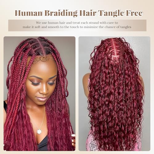 99J Human Braiding Hair 30 Inch Deep Curly Bulk Human Hair for Braiding 2 Bundles 100G No Weft Brazilian Virgin Water Wave Bohemian Braiding Hair Extensions for Boho Knotless Braids 99J Burgundy Micro