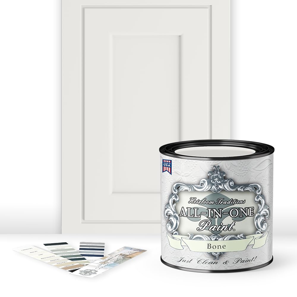 ALL-IN-ONE Paint by Heirloom Traditions, Bone (Off White), Quart - Durable cabinet and furniture paint. Built in primer and top coat, no sanding needed. Includes our 30 featured color card.