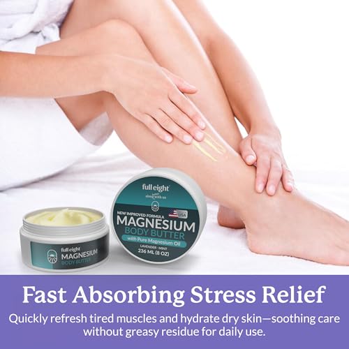 Magnesium Body Butter – New Improved Formula, Quick Ease for Tensed Legs, Tight Muscles & Sleep, Organic Ingredients with Pure Magnesium Oil, Topical Cream, 8oz