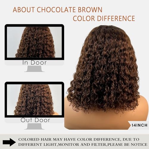 Chocolate Brown Glueless Wigs Human Hair Pre Plucked Pre Cut 180% Density Closure Wigs Human Hair Bob Wig Curly Human Hair Wig Wear and Go Glueless Wig for Women 12 Inches