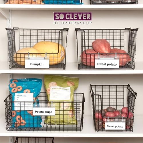 100 Pack Basket Label Holders, Plastic Wire Shelf Label Holders with Double Snap Lock Closure, Reusable Clear Price Tag Holder for Market, Retail Shop, Pantry(About 4" x 1.7")