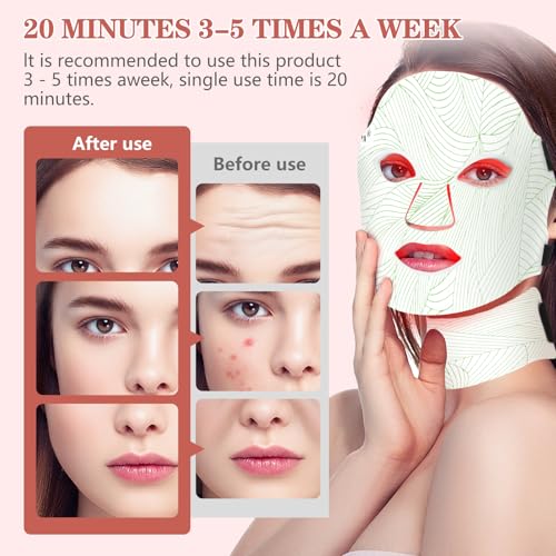 Led Face Mask Light Therapy,Red Light Therapy for Face and Neck,7 Colors LED Facial Skin Care Mask,5 Level Brightness Adjustment,309 LED Beads Can Be Used at Home,White Green
