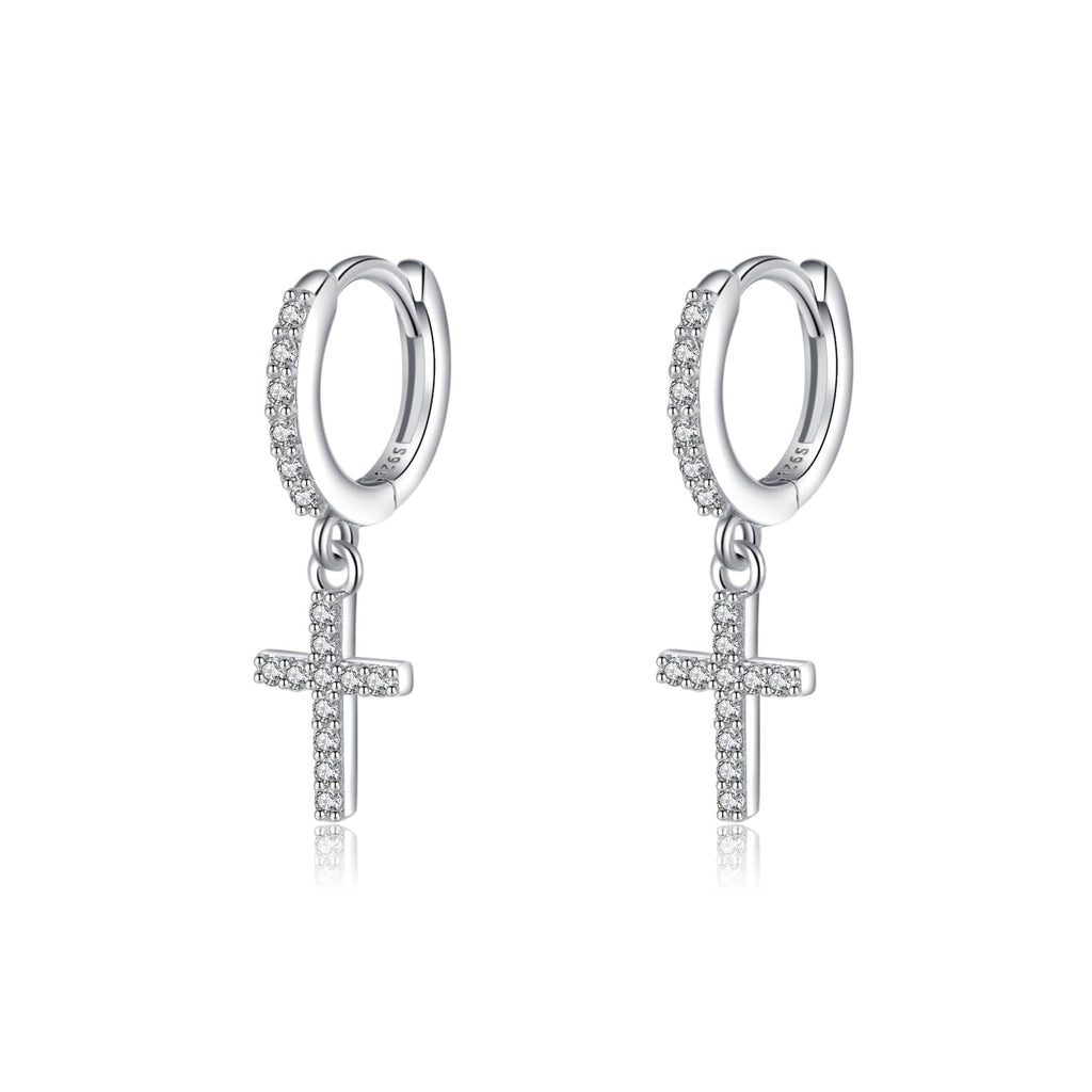 SLUYNZ 925 Sterling Silver Cross Hoop Earrings for Women Teen Girls Small CZ Hoop Earrings Huggie Drop (A-Silver)