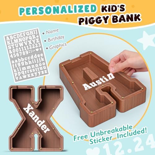Summidate Wooden Letter Piggy Bank, Extra Thick Large Capacity Piggy Bank for Kids Boys Girls Toddler, Alphabet X Money Bank| Coin Box Birthday, Christmas, Festival