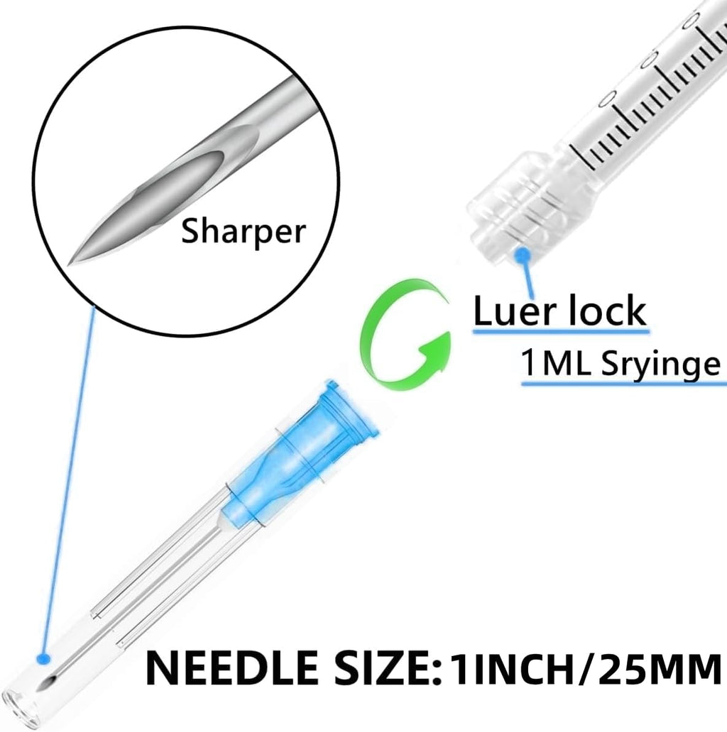Luer lock 1ml Syringe with 23G 1inch/25mm Lab Supplies for Scientific Research, Industrial Dispensing or Liquid Measuring, 50Pack