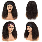 Deep Wave Headband Wig Human Hair 16 Inch Curly Headband Wigs for Black Women Human Hair Glueless None Lace Front Wigs Brazilian Virgin Hair Wig Machine Made 150% Density Natural Black Color
