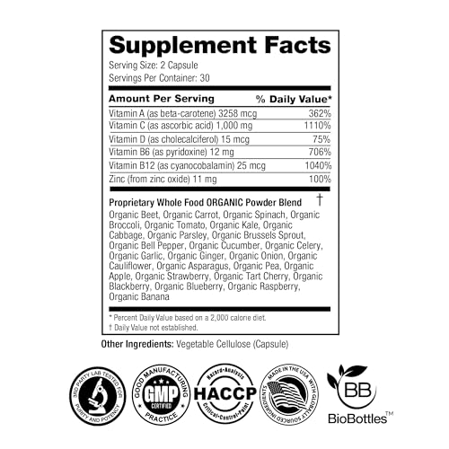 FeelGood Superfoods 1000mg Immune Support Capsules Made with 25 Organic Fruits and Vegetables, Strong Immunity Boosters with Vitamins A, C, D3, and Zinc, 60 Count