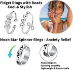 MUCAL Fidget Rings for Anxiety 8pcs Stainless Steel Spinner Ring Anti Anxiety Ring Spinning Moon Star Cool Stress Relieveing Rings for Women Men