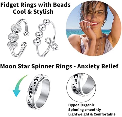 MUCAL Fidget Rings for Anxiety 8pcs Stainless Steel Spinner Ring Anti Anxiety Ring Spinning Moon Star Cool Stress Relieveing Rings for Women Men
