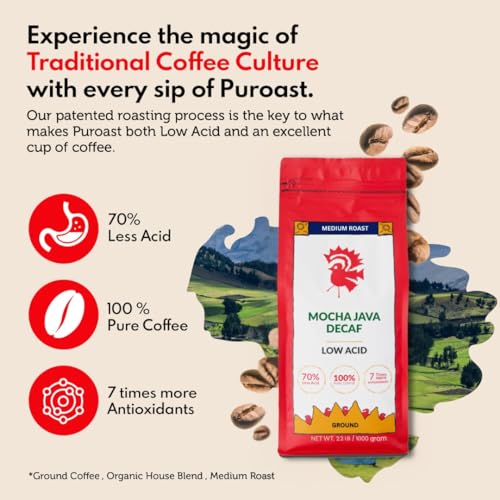 Puroast Low Acid Coffee Flavored Decaf | Decaf Mocha Java Ground | Medium Roast | High Antioxidants & High pH |No Bitter Aftertaste | Reduced Heartburn & GERD | Suitable for Cold Brew - 2.2 LB
