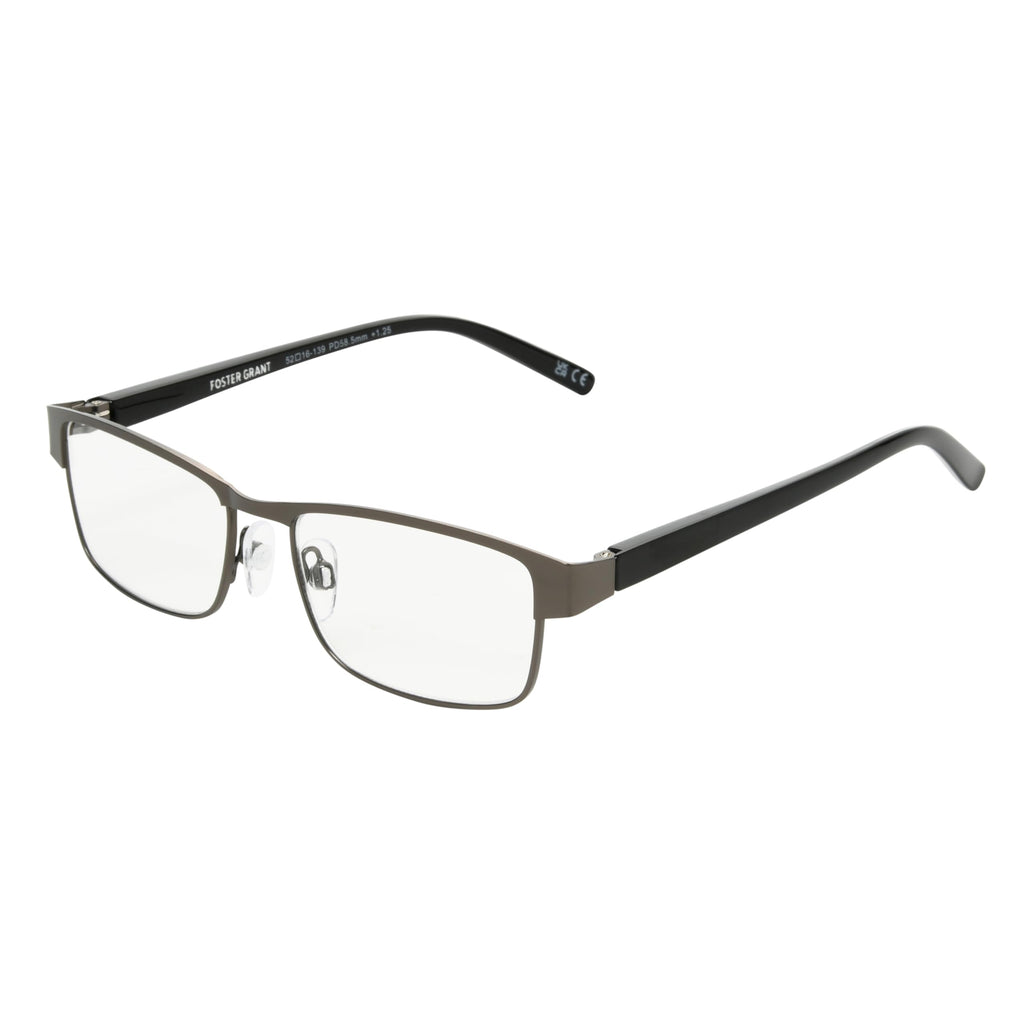 Foster Grant Men's Leo Square Reading Glasses, Gunmetal/Transparent, 59 mm + 2
