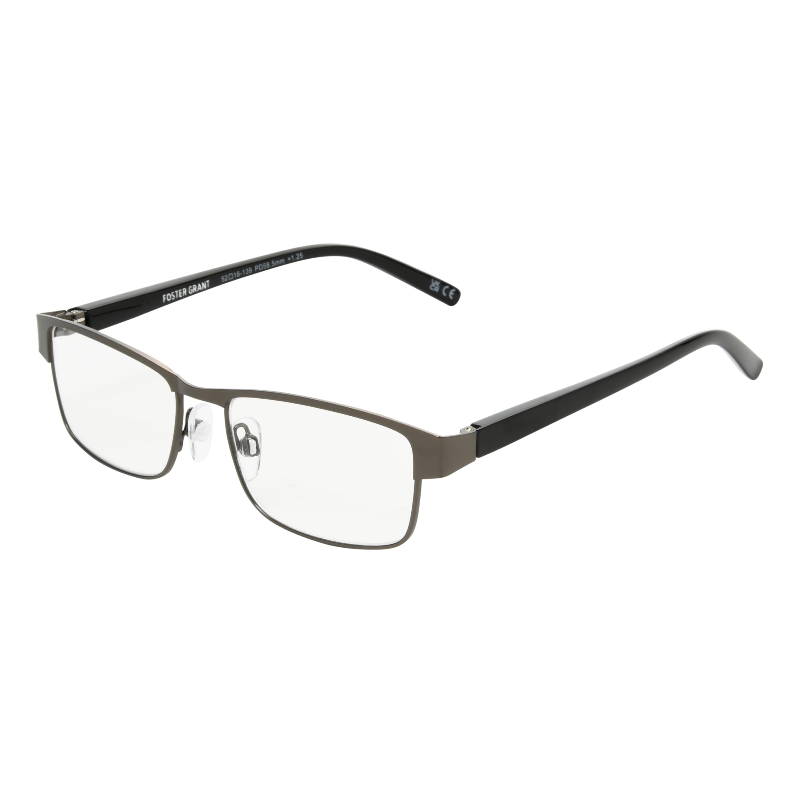 Foster Grant Men's Leo Square Reading Glasses, Gunmetal/Transparent, 59 mm + 2